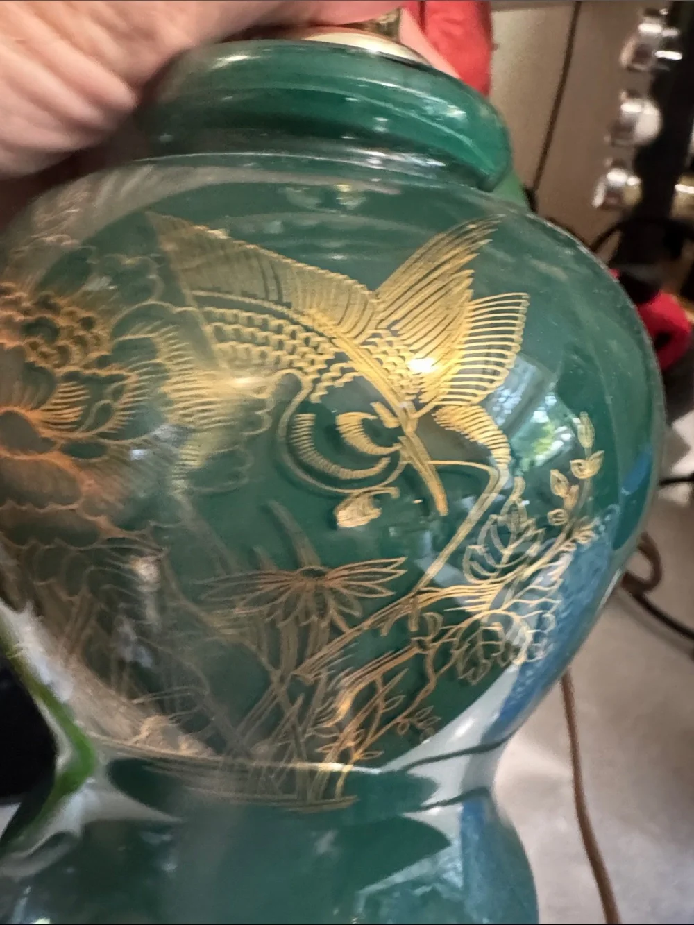 Teal Glass lamp with Gold Bird Motif
